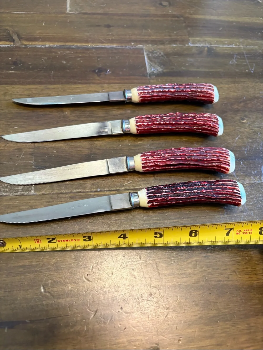 Vintage Steak Knives Japan Faux Antlers Horn Grooved Oxblood Red Stag MCM Retro
